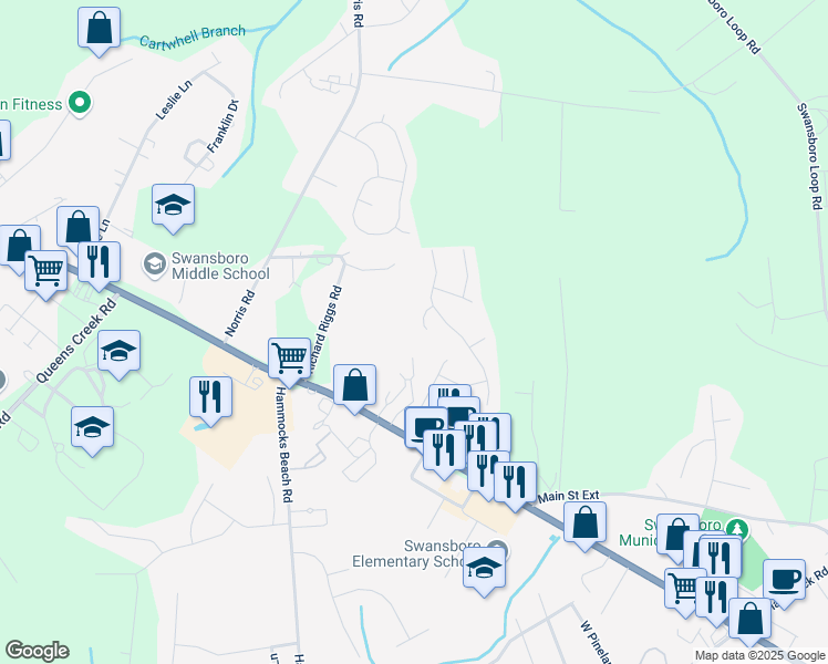 map of restaurants, bars, coffee shops, grocery stores, and more near 608 Spoleto Court in Swansboro
