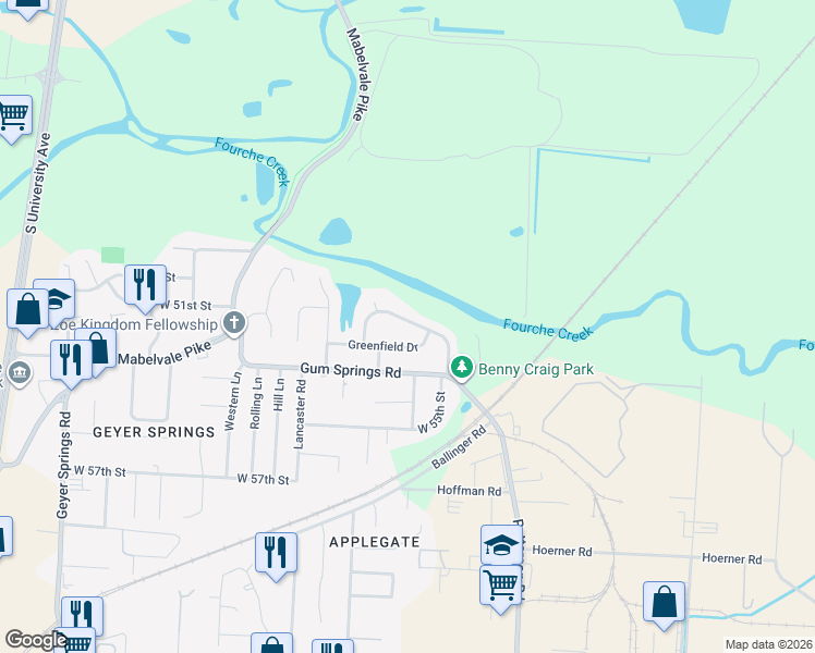 map of restaurants, bars, coffee shops, grocery stores, and more near 33 Rosemoor Drive in Little Rock