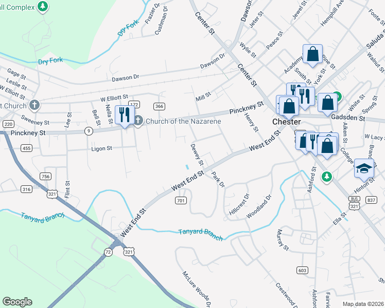 map of restaurants, bars, coffee shops, grocery stores, and more near 108 Dewey Street in Chester