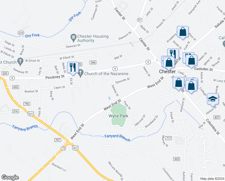 map of restaurants, bars, coffee shops, grocery stores, and more near 108 Dewey Street in Chester