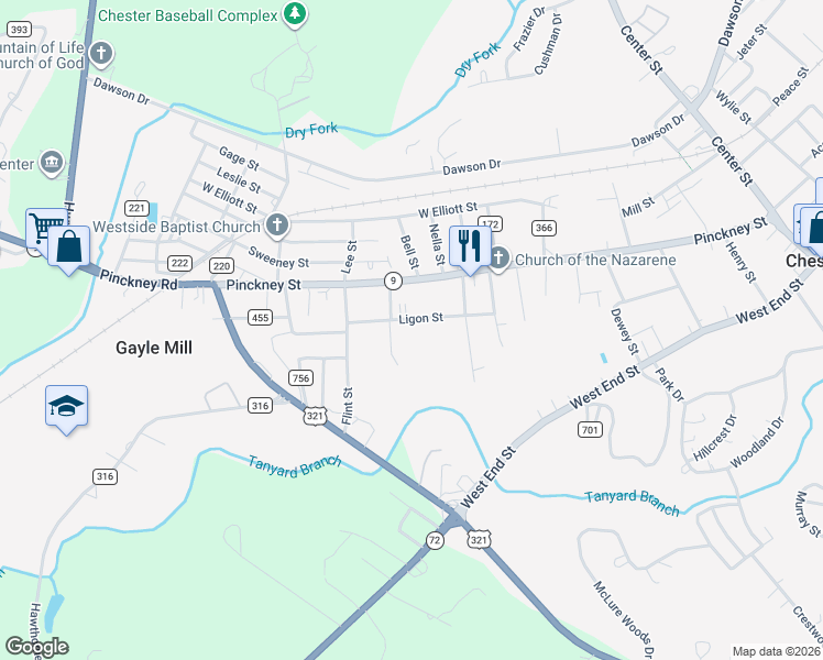 map of restaurants, bars, coffee shops, grocery stores, and more near 200 Ligon Street in Chester