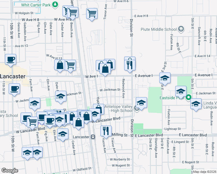 map of restaurants, bars, coffee shops, grocery stores, and more near 45104 Trevor Avenue in Lancaster