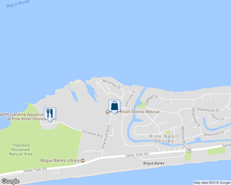 map of restaurants, bars, coffee shops, grocery stores, and more near 114 Lagoon Lane in Pine Knoll Shores