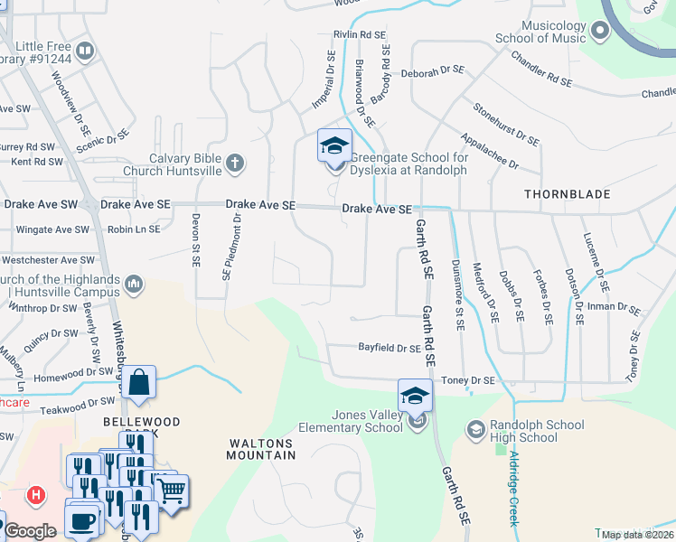 map of restaurants, bars, coffee shops, grocery stores, and more near 3031 Heatherhill Drive Southeast in Huntsville