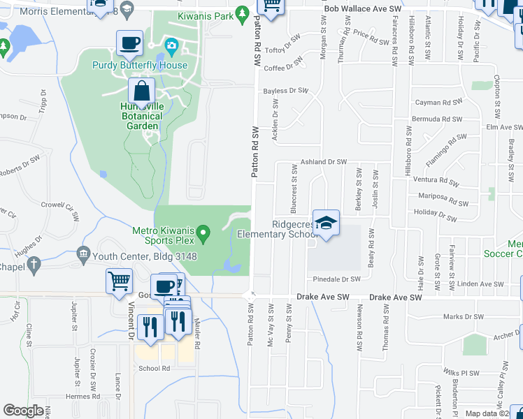 map of restaurants, bars, coffee shops, grocery stores, and more near 3305 Patton Road Southwest in Huntsville