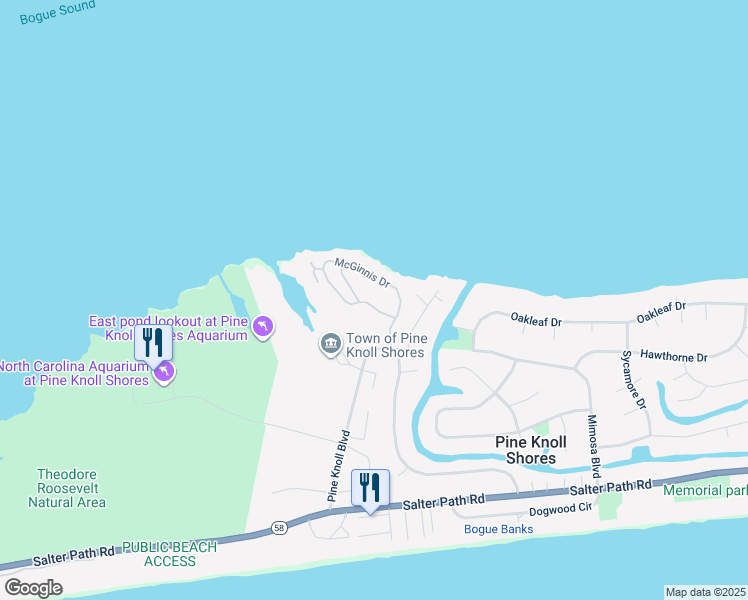 map of restaurants, bars, coffee shops, grocery stores, and more near 114 Lagoon Lane in Pine Knoll Shores