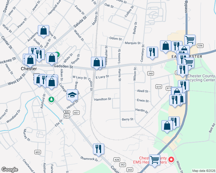map of restaurants, bars, coffee shops, grocery stores, and more near 148 Hinton Street in Chester