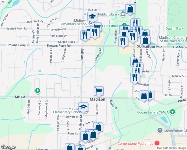 map of restaurants, bars, coffee shops, grocery stores, and more near 132 Sarah Hughes Drive in Madison