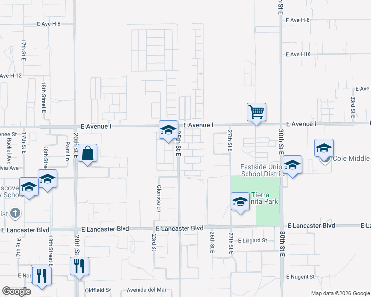 map of restaurants, bars, coffee shops, grocery stores, and more near 2550 East Avenue H10 in Lancaster
