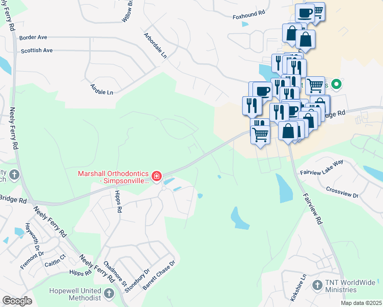 map of restaurants, bars, coffee shops, grocery stores, and more near 550-584 Harrison Bridge Road in Simpsonville