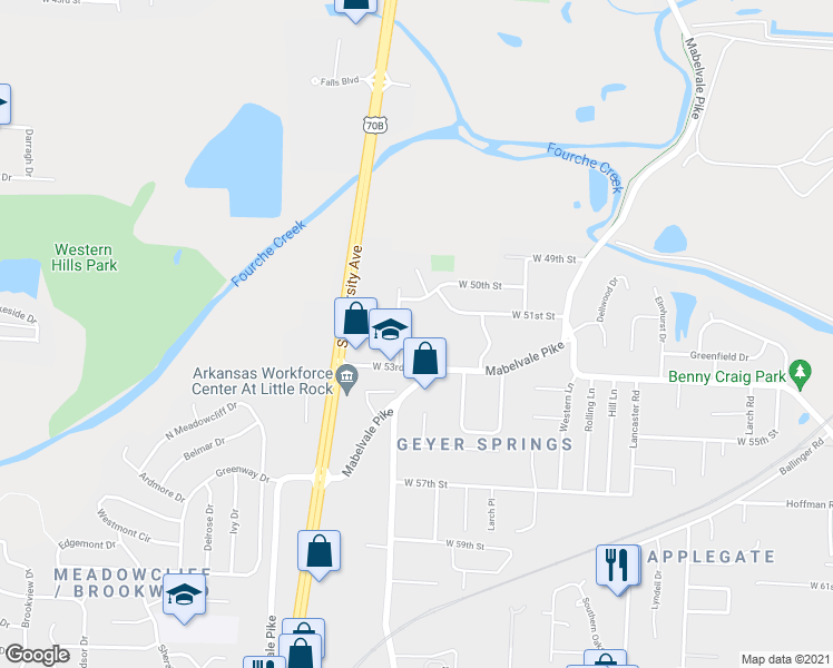 map of restaurants, bars, coffee shops, grocery stores, and more near 5240 Mabelvale Pike in Little Rock