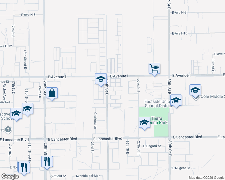 map of restaurants, bars, coffee shops, grocery stores, and more near 2550 East Avenue H10 in Lancaster