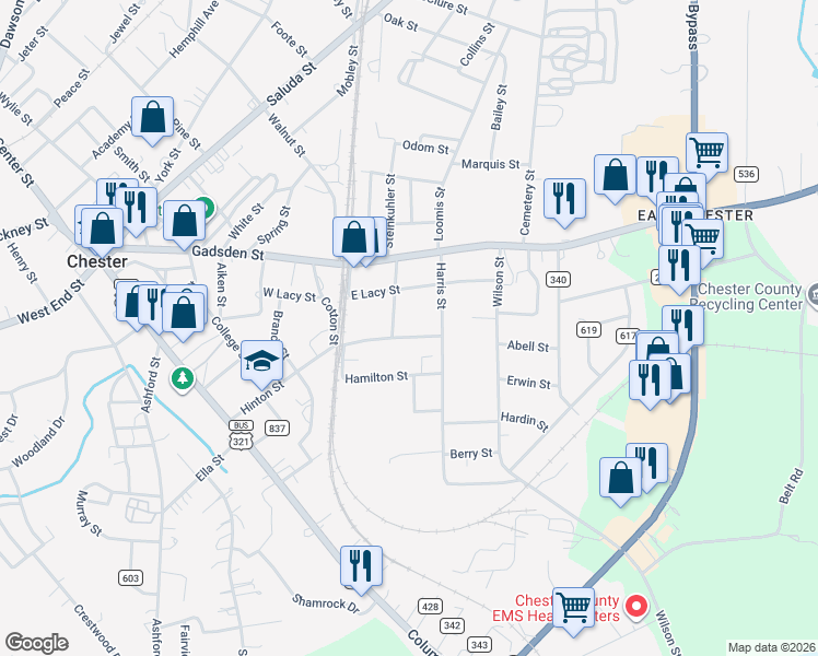 map of restaurants, bars, coffee shops, grocery stores, and more near 148 Hinton Street in Chester