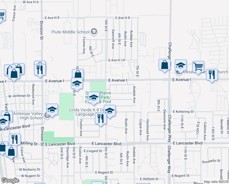 map of restaurants, bars, coffee shops, grocery stores, and more near 45119 Watford Avenue in Lancaster
