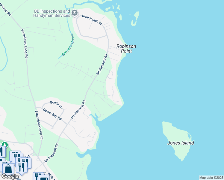 map of restaurants, bars, coffee shops, grocery stores, and more near 400 Sunrise Ln in Swansboro