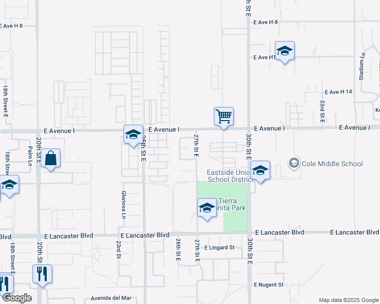 map of restaurants, bars, coffee shops, grocery stores, and more near 2644 Mora Court in Lancaster