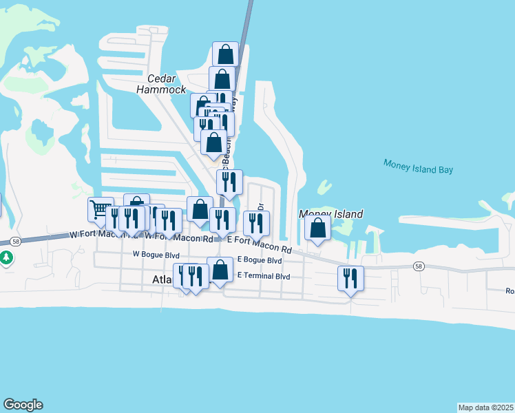 map of restaurants, bars, coffee shops, grocery stores, and more near 119 Center Drive in Atlantic Beach