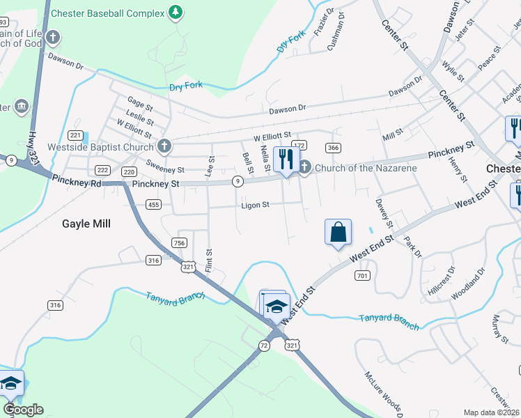 map of restaurants, bars, coffee shops, grocery stores, and more near 200 Ligon Street in Chester