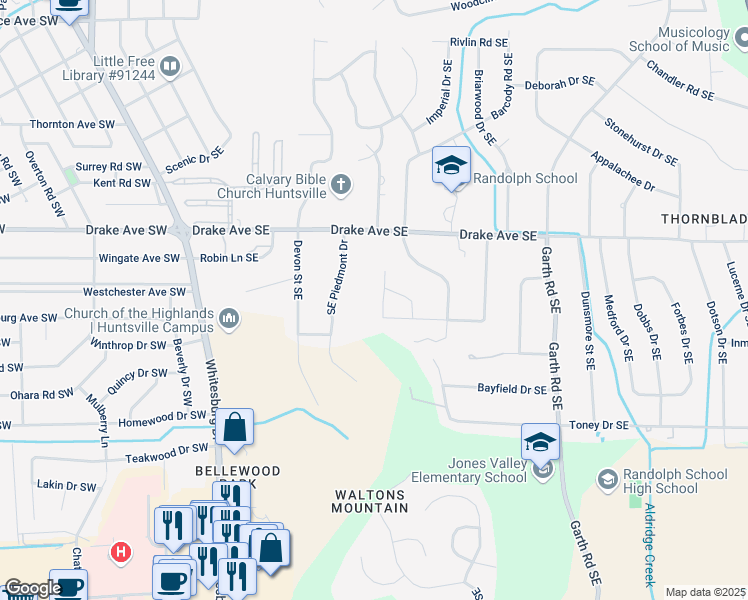 map of restaurants, bars, coffee shops, grocery stores, and more near 3118 Heatherhill Drive Southeast in Huntsville