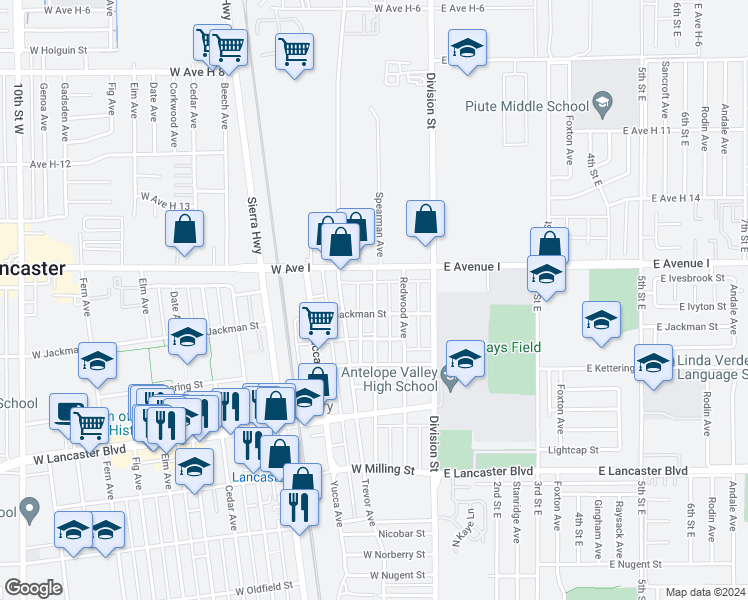 map of restaurants, bars, coffee shops, grocery stores, and more near 45100 Spearman Avenue in Lancaster