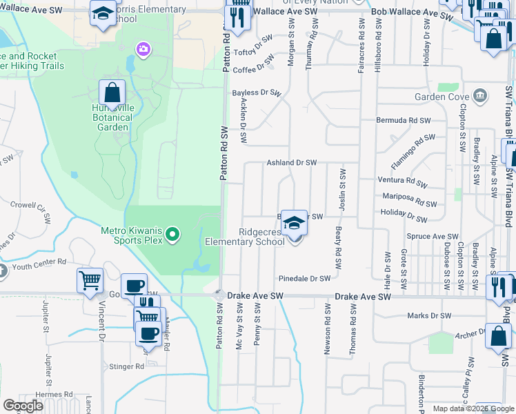 map of restaurants, bars, coffee shops, grocery stores, and more near 3222 Bluecrest Street Southwest in Huntsville