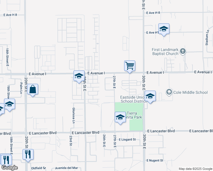 map of restaurants, bars, coffee shops, grocery stores, and more near 2626 Mora Court in Lancaster