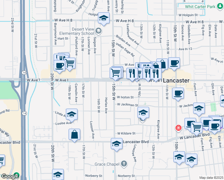 map of restaurants, bars, coffee shops, grocery stores, and more near 45059 15th Street West in Lancaster