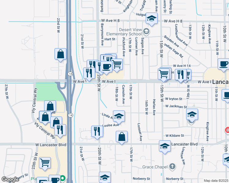 map of restaurants, bars, coffee shops, grocery stores, and more near 45109 18th Street West in Lancaster