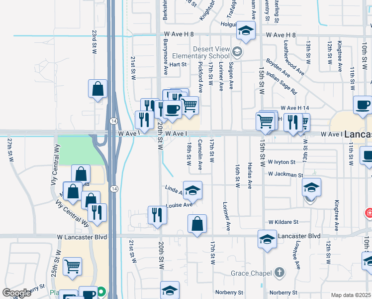 map of restaurants, bars, coffee shops, grocery stores, and more near 45109 18th Street West in Lancaster