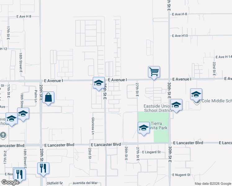map of restaurants, bars, coffee shops, grocery stores, and more near 2550 East Avenue I in Lancaster