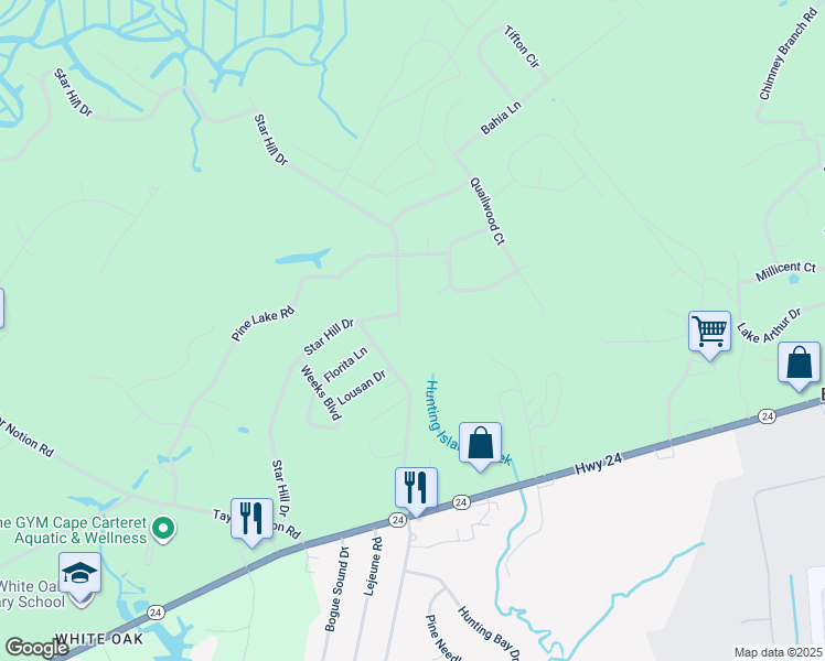 map of restaurants, bars, coffee shops, grocery stores, and more near 349 Star Hill Drive in Cape Carteret