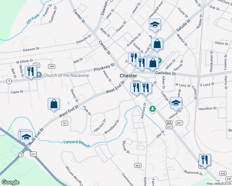 map of restaurants, bars, coffee shops, grocery stores, and more near 123 Park Drive in Chester