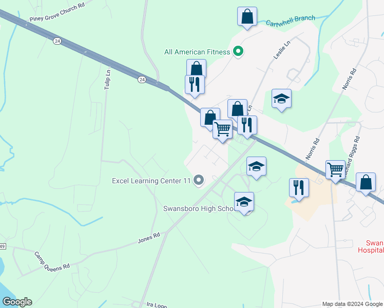 map of restaurants, bars, coffee shops, grocery stores, and more near 31 Pirates Cove Drive in Swansboro