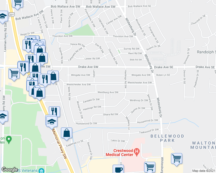 map of restaurants, bars, coffee shops, grocery stores, and more near 313 Westchester Avenue Southwest in Huntsville