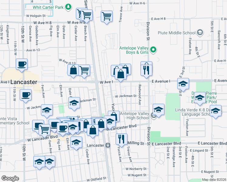 map of restaurants, bars, coffee shops, grocery stores, and more near 45120 Yucca Avenue in Lancaster