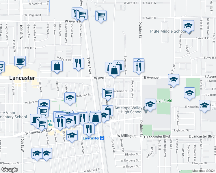 map of restaurants, bars, coffee shops, grocery stores, and more near 45120 Yucca Avenue in Lancaster