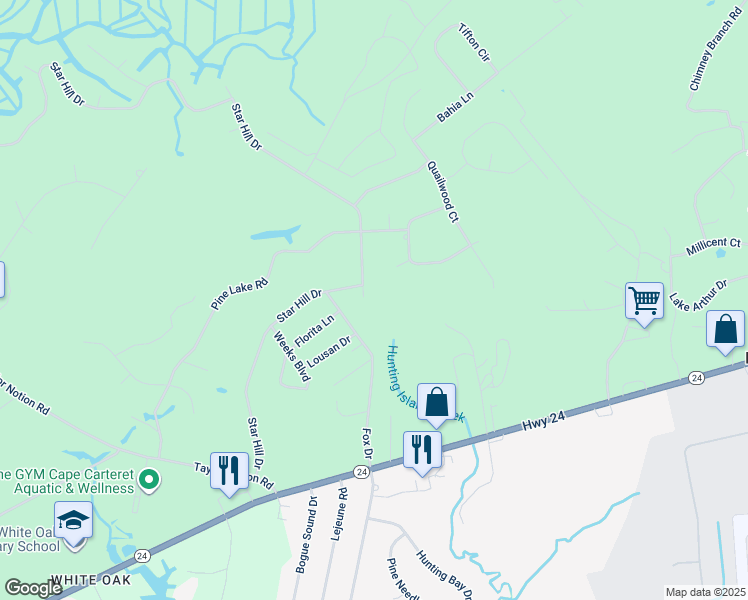 map of restaurants, bars, coffee shops, grocery stores, and more near 349 Star Hill Drive in Cape Carteret