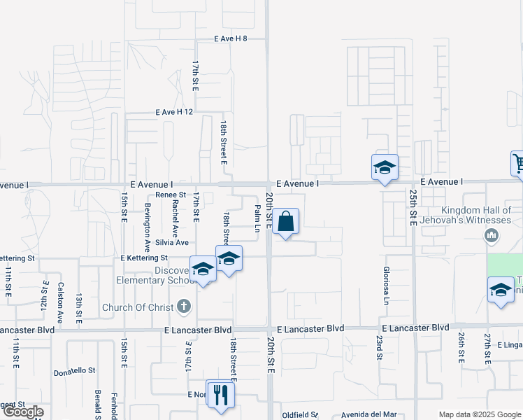 map of restaurants, bars, coffee shops, grocery stores, and more near 45120 Palm Lane in Lancaster