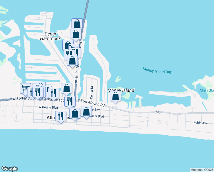 map of restaurants, bars, coffee shops, grocery stores, and more near 123 Bayview Boulevard in Atlantic Beach