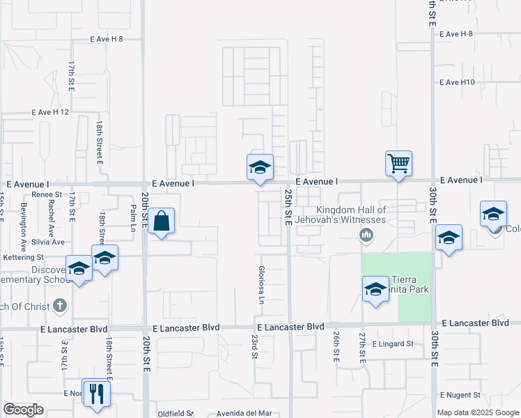 map of restaurants, bars, coffee shops, grocery stores, and more near 45111 25th Street East in Lancaster
