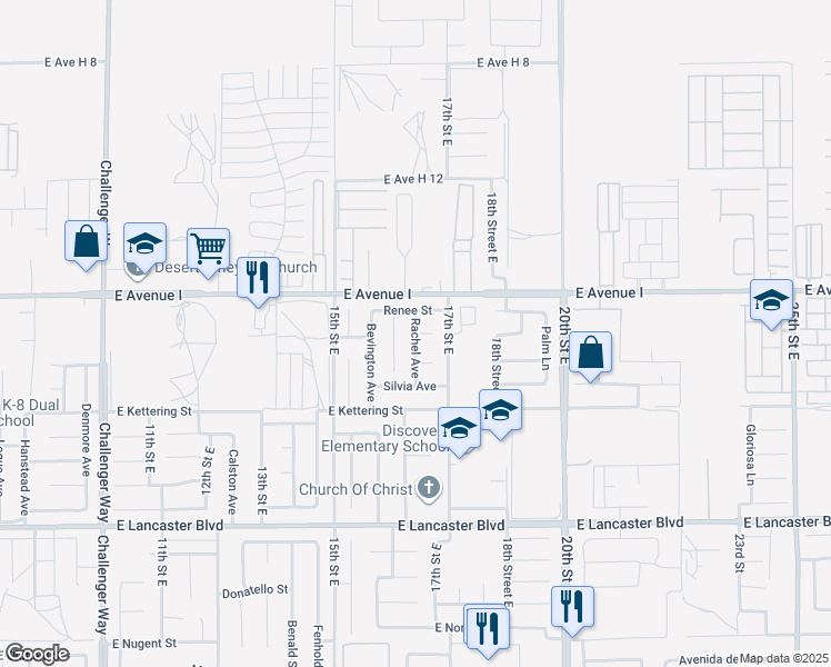 map of restaurants, bars, coffee shops, grocery stores, and more near 45628 Rachel Avenue in Lancaster