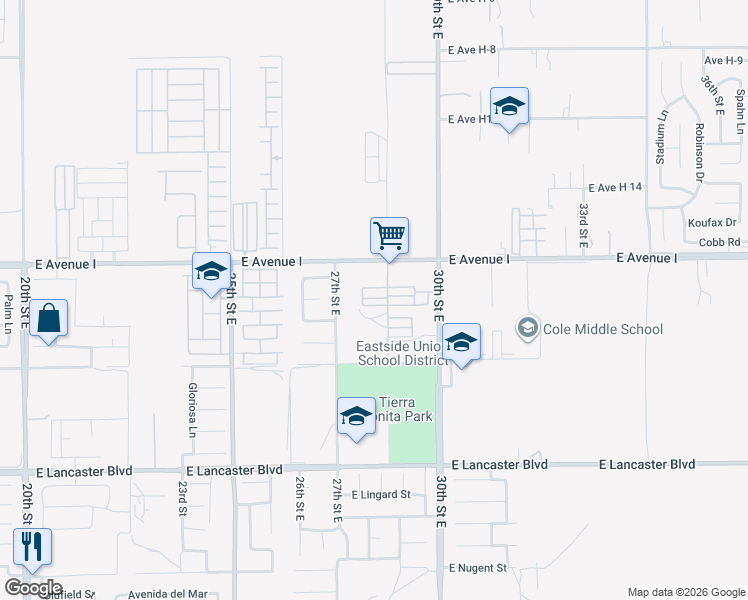 map of restaurants, bars, coffee shops, grocery stores, and more near 45131 28th Street East in Lancaster