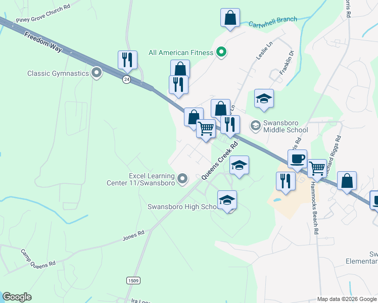 map of restaurants, bars, coffee shops, grocery stores, and more near 74 Crush Court in Swansboro