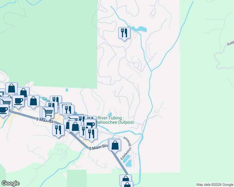 map of restaurants, bars, coffee shops, grocery stores, and more near 10A Wasser Weg in Helen
