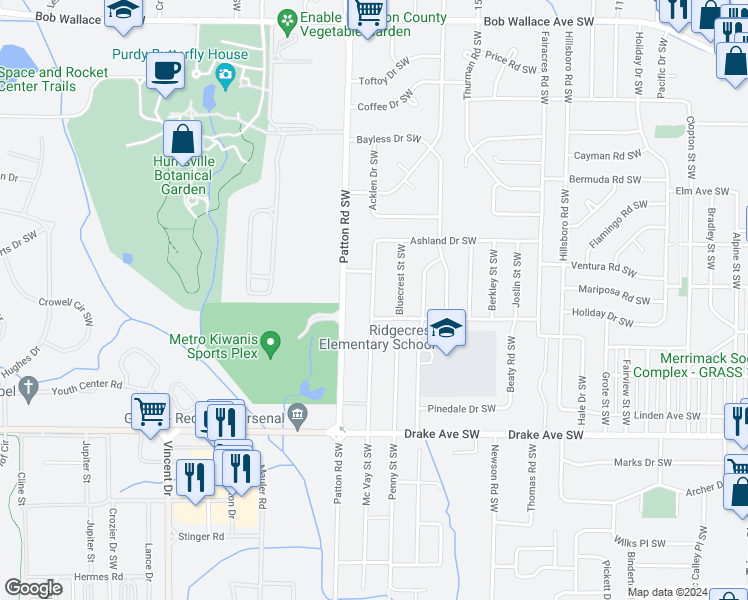 map of restaurants, bars, coffee shops, grocery stores, and more near 3941 Ashland Drive in Huntsville