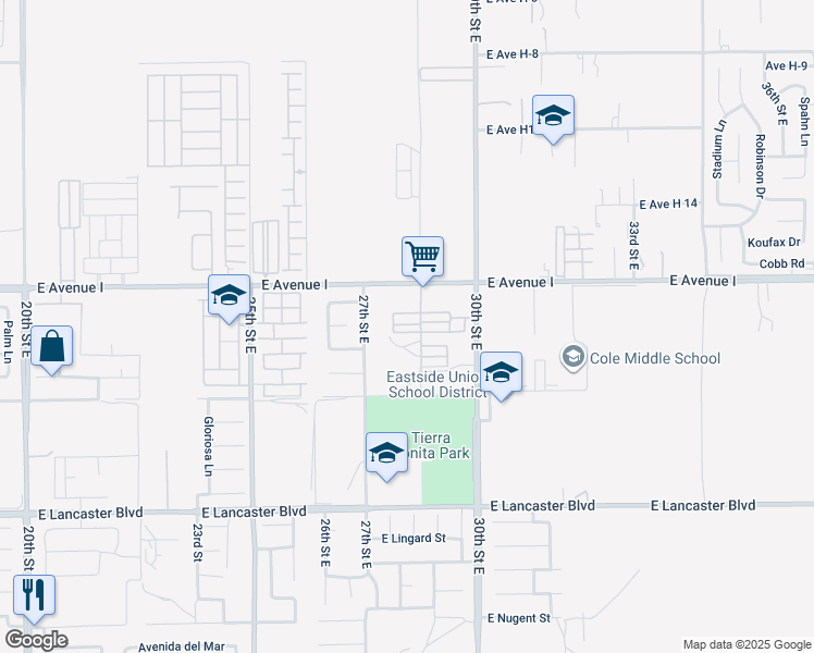 map of restaurants, bars, coffee shops, grocery stores, and more near 45131 28th Street East in Lancaster