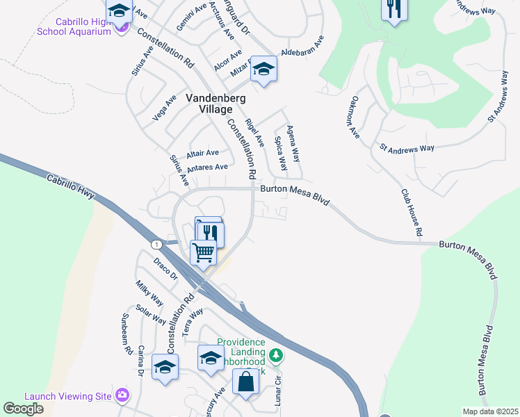 map of restaurants, bars, coffee shops, grocery stores, and more near 3839 Constellation Road in Lompoc