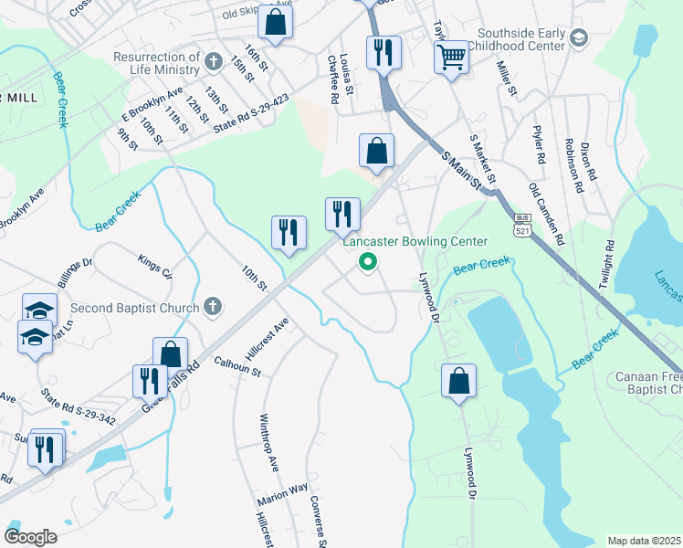 map of restaurants, bars, coffee shops, grocery stores, and more near 1354 Lymon Reece Road in Lancaster
