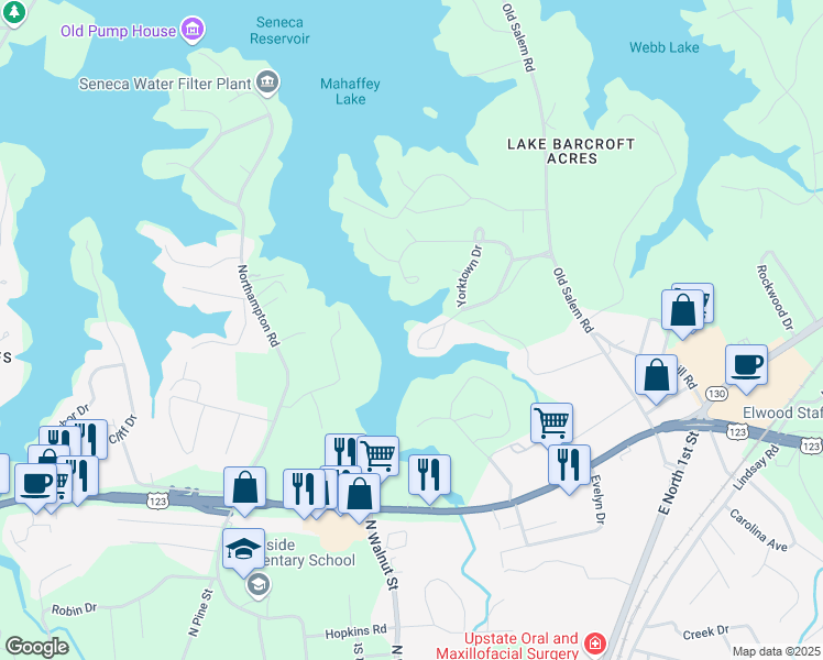 map of restaurants, bars, coffee shops, grocery stores, and more near 601 Loran Pointe Circle in Seneca
