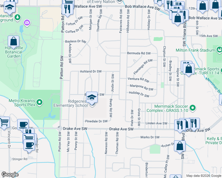 map of restaurants, bars, coffee shops, grocery stores, and more near 3710 Belvoir Drive Southwest in Huntsville
